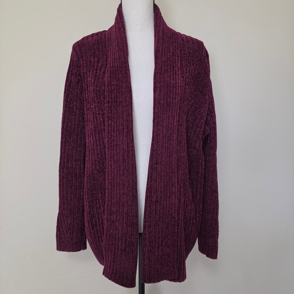 Lands' End XL (18) Chenille Open Ribbed Cardigan Sweater Burgundy Warm Soft Cozy